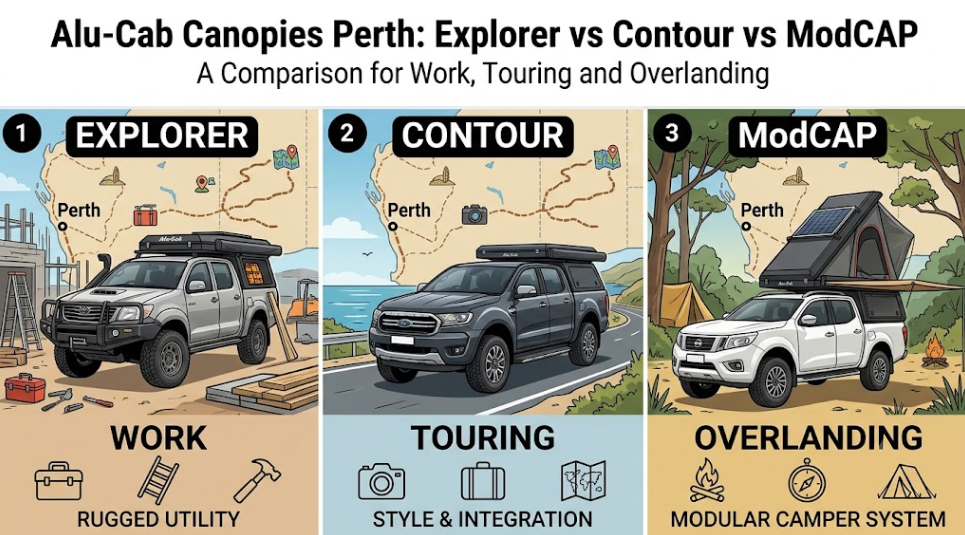 Alu-Cab Canopies Perth: Explorer vs Contour vs ModCAP for Work, Touring and Overlanding